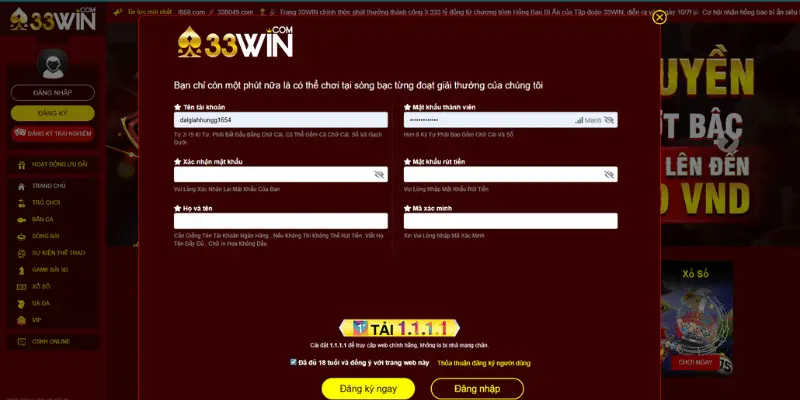 Quy trình đăng ký tài khoản 33WIN